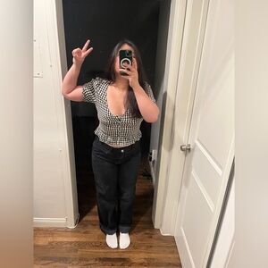 American Eagle Gingham V-neck Puff Sleeve Corset Top